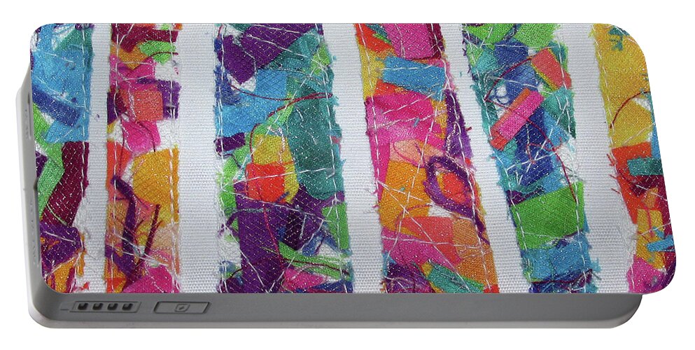 Fiber Art Portable Battery Charger featuring the tapestry - textile Confetti is Good for the Soul by Pam Geisel