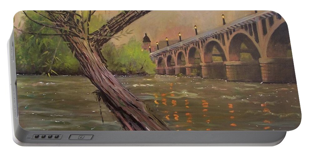 Gervais Street Bridge Portable Battery Charger featuring the painting Congaree Bridge in Golds by Blue Sky