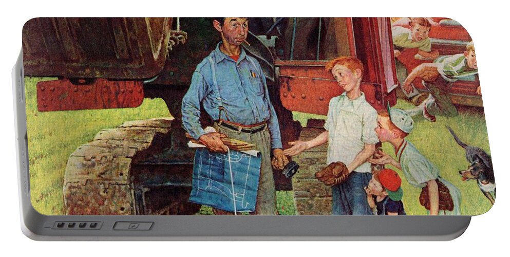 Baseball Portable Battery Charger featuring the painting Construction Crew by Norman Rockwell