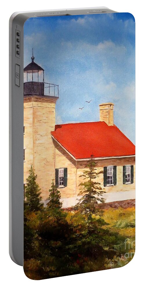 Copper Harbor Lighthouse Portable Battery Charger featuring the painting Copper Harbor Lighthouse by Lee Piper