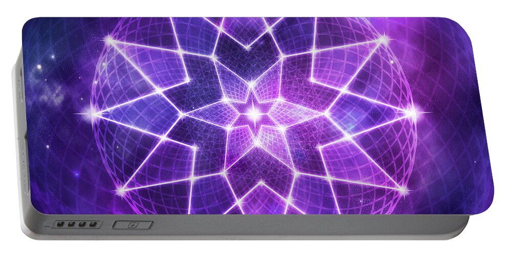 Seed Of Life Portable Battery Charger featuring the digital art Cosmic Purple Geometric Seed of Life Crystal Lotus Star Mandala by Laura Ostrowski