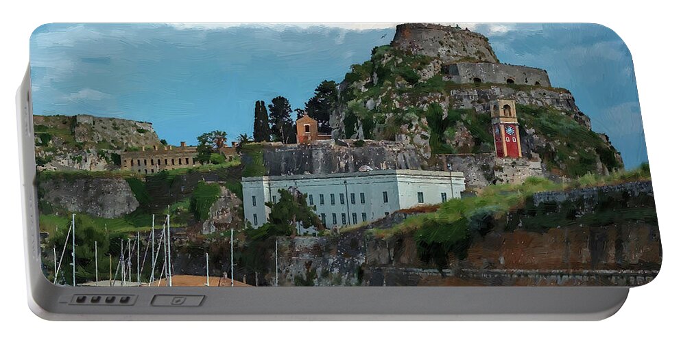 Corfu Portable Battery Charger featuring the painting Coufu Island Harbor and Fortress by Dean Wittle
