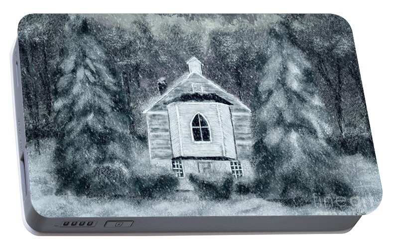 Church Portable Battery Charger featuring the digital art Country Church On A Snowy Night by Lois Bryan