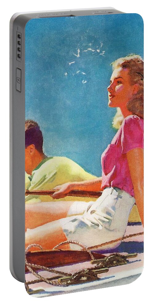 Couple Portable Battery Charger featuring the drawing Couple On Sailboat by Mcclelland Barclay