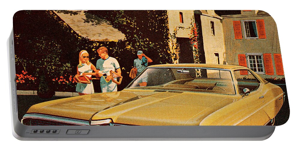 Auto Portable Battery Charger featuring the drawing Couple With Yellow Car by CSA Images