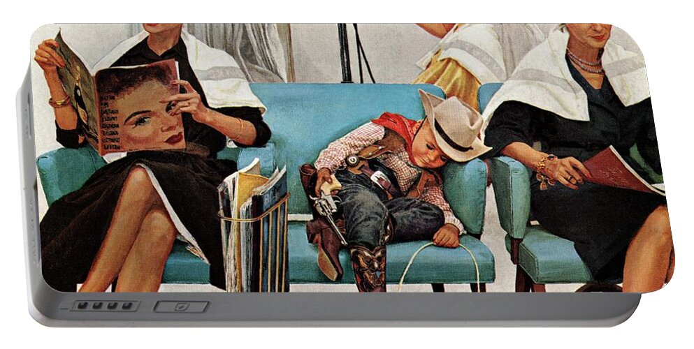 Beauty Shops Portable Battery Charger featuring the drawing Cowboy Asleep In Beauty Salon by Kurt Ard