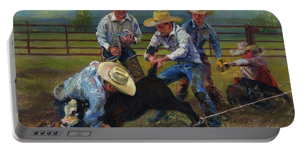 Western Portable Battery Charger featuring the painting Cowboy Strong by Susan Hensel