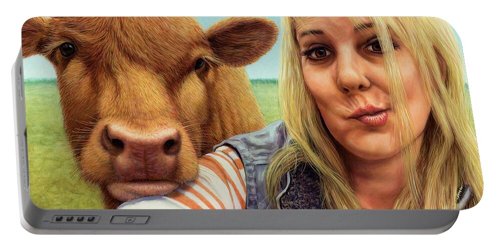 Calf Portable Battery Charger featuring the painting Cowlove Selfie by James W Johnson
