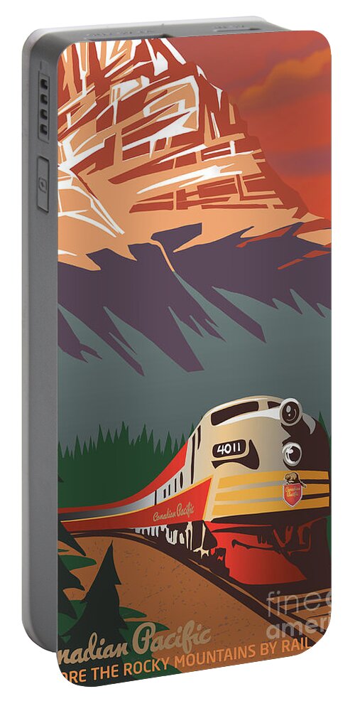 Retro Travel Portable Battery Charger featuring the digital art CP Travel by Train by Sassan Filsoof