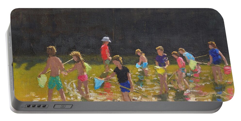 Crabbing In The Harbour Portable Battery Charger featuring the painting Crabbing in the Harbour, Bude, Cornwall by Andrew Macara