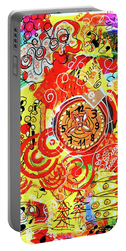 Clock Portable Battery Charger featuring the mixed media Crazy Time by Mimulux Patricia No