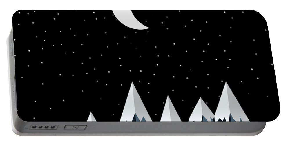 Rocky Portable Battery Charger featuring the digital art Crescent Moon and Snow Capped Mountains by Pelo Blanco Photo