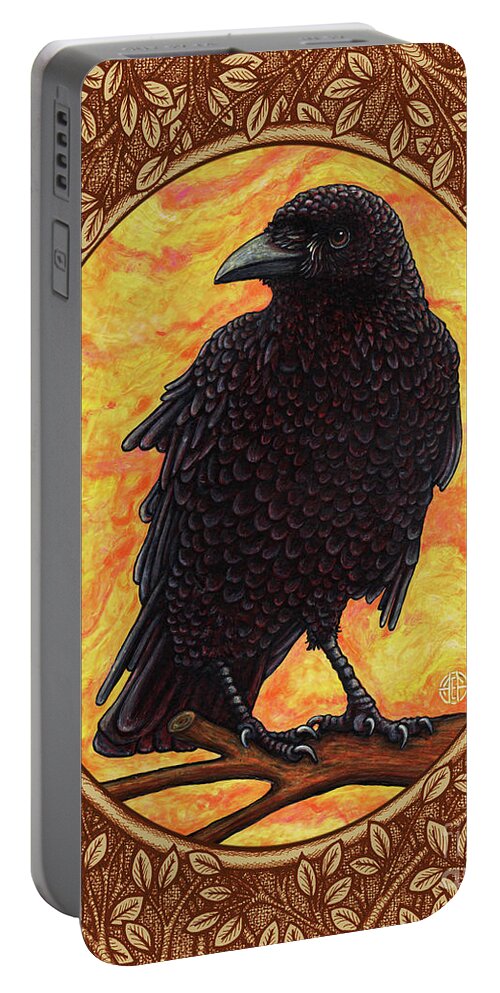 Animal Portrait Portable Battery Charger featuring the painting Crow Portrait - Brown Border by Amy E Fraser