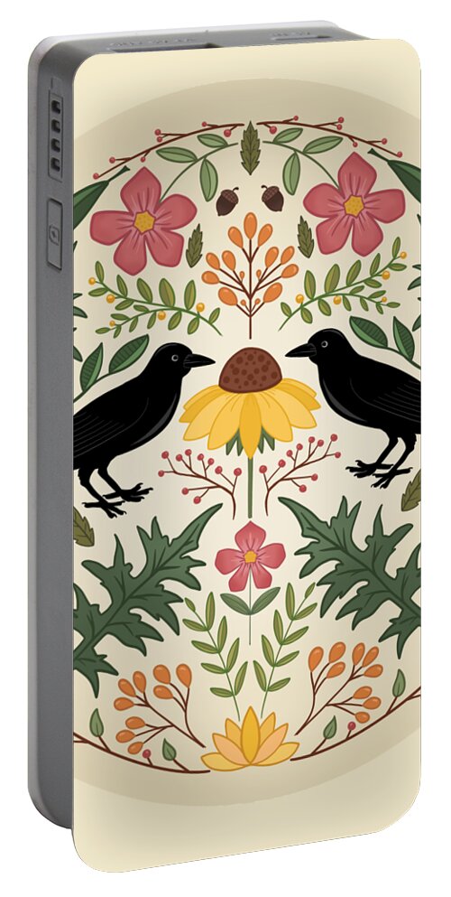Painting Portable Battery Charger featuring the painting Crows, Wild Roses, Thistles And Sunflowers by Little Bunny Sunshine