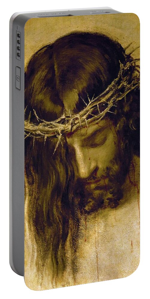 Cristo Crucificado Portable Battery Charger featuring the painting Crucified Christ -detail of the head-. Cristo crucificado. Madrid, Prado museum. DIEGO VELAZQUEZ . by Diego Velazquez -1599-1660-