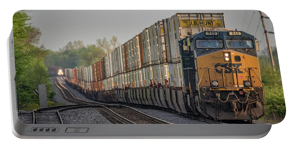 Railroad Portable Battery Charger featuring the photograph CSX Q028 as it and Q026 at Princeton IN by Jim Pearson