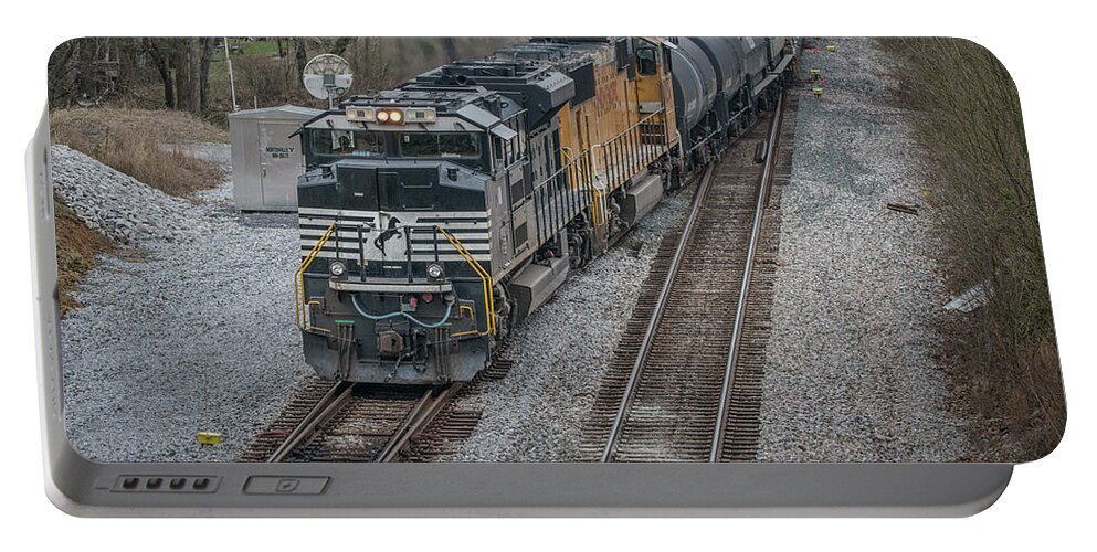 Railroad Portable Battery Charger featuring the photograph CSX Q500, led by Norfolk Southern 1111 by Jim Pearson