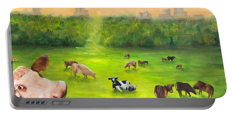 Curious Portable Battery Charger featuring the painting Curious Cow by Deborah Naves