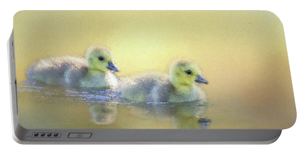 Canada Goose Goslings Portable Battery Charger featuring the mixed media Cute Little Swimmers by Eva Lechner