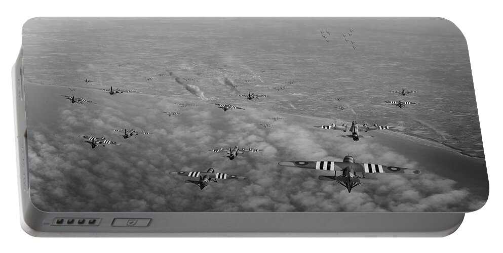 196 Squadron Portable Battery Charger featuring the photograph D-Day Stirlings and gliders BW version by Gary Eason
