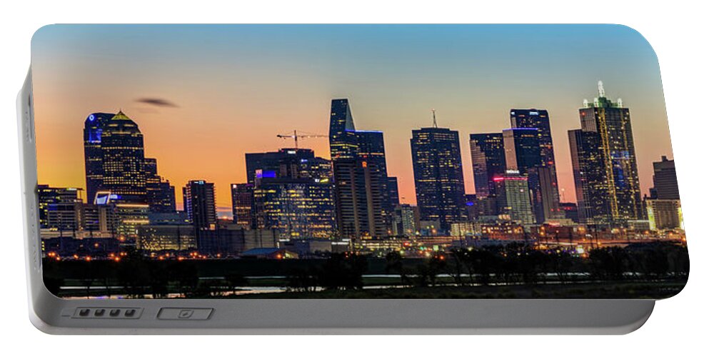 America Portable Battery Charger featuring the photograph Dallas Texas Skyline Panorama at Dawn by Gregory Ballos