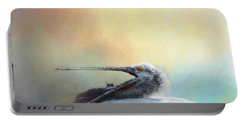 Dalmatian Pelican Portable Battery Charger featuring the mixed media Dalmatian Pelican by Eva Lechner