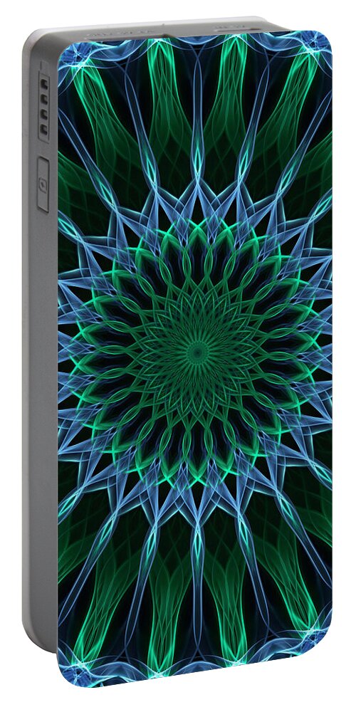 Mandala Portable Battery Charger featuring the digital art Dark blue and green mandala by Jaroslaw Blaminsky