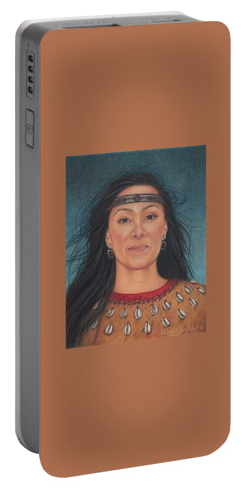 Native American Portrait. American Indian Portrait. Face. Long Dark Hair. Native Indian Dress. Four Directions Earrings. Beaded Headband. Artist Self-portrait Portable Battery Charger featuring the painting Delaware Woman by Valerie Evans