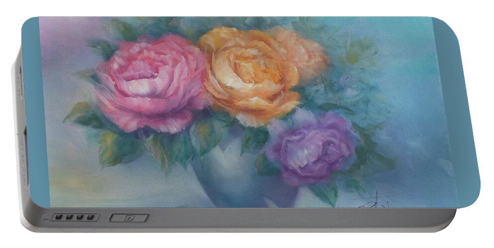 Cabbage Roses In A Vase Portable Battery Charger featuring the painting Cabbage Rose Bouquet by Lynne Pittard