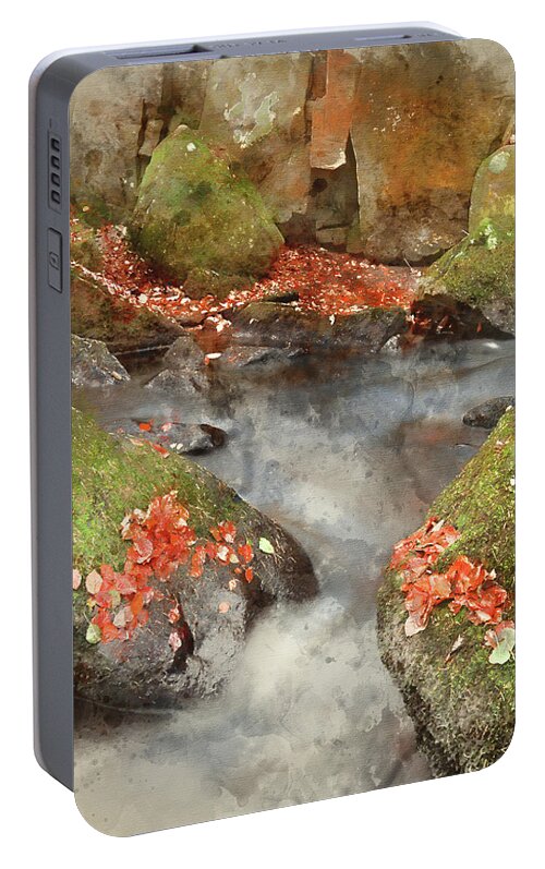 Landscape Portable Battery Charger featuring the photograph Digital watercolor painting of Blurred water detail with rocks n by Matthew Gibson