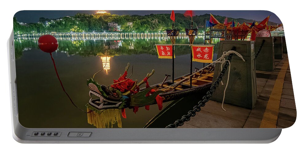 Dragon Portable Battery Charger featuring the photograph Docked Dragon Boat at Night I by William Dickman