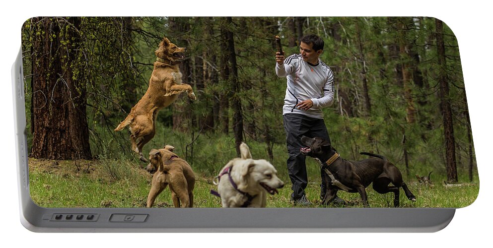 Dog Portable Battery Charger featuring the photograph Dogs playing by Julieta Belmont