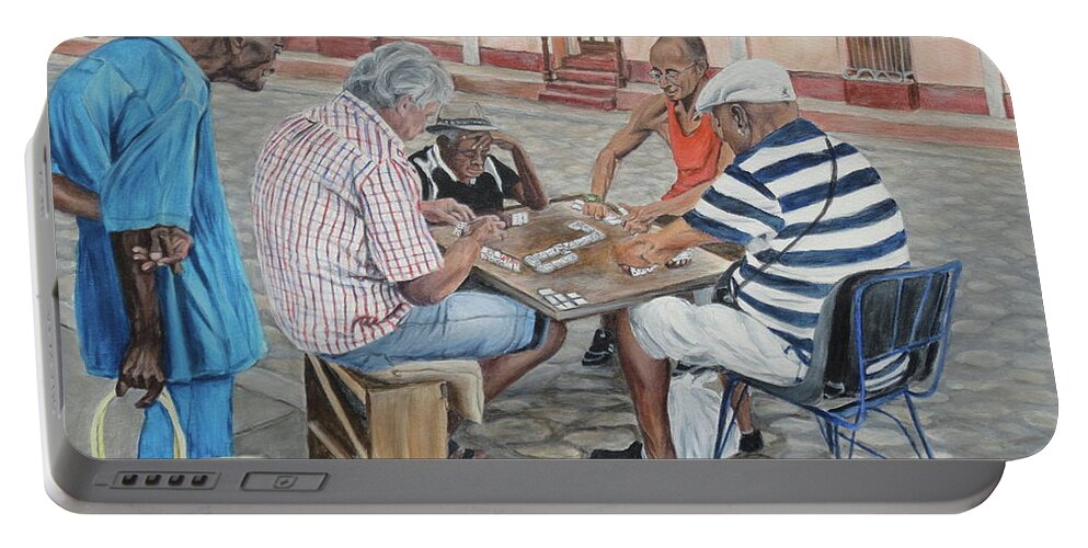 Domino Players Portable Battery Charger featuring the painting Domino players by Bonnie Peacher