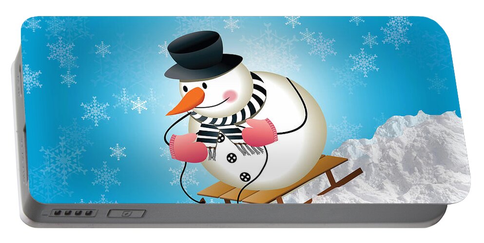 Snowman Portable Battery Charger featuring the mixed media Downhill Sledding by Marvin Blaine