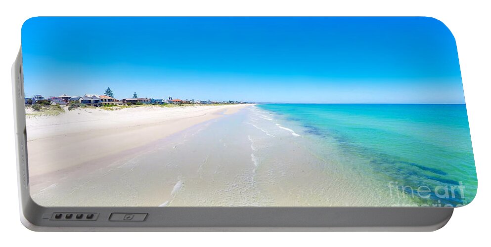 Drone Portable Battery Charger featuring the photograph Drone aerial view of wide open white sandy beach by Milleflore Images