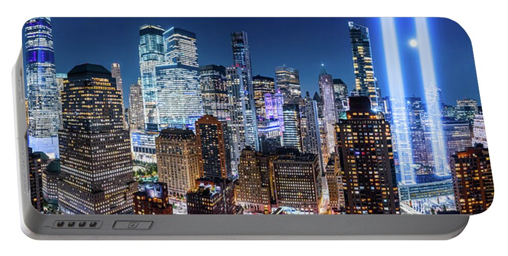 New York Portable Battery Charger featuring the photograph Drone view panorama of downtown New York City by Mihai Andritoiu