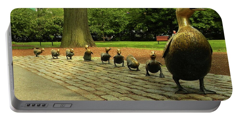 Make Way For The Ducklings Boston Public Garden Portable Battery Charger featuring the photograph Ducklings In Boston Public Garden by Kathleen Moroney