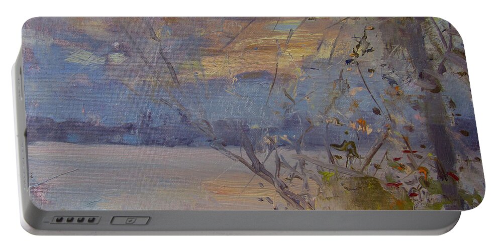 Dusk Portable Battery Charger featuring the painting Dusk at Fishermens Park by Ylli Haruni