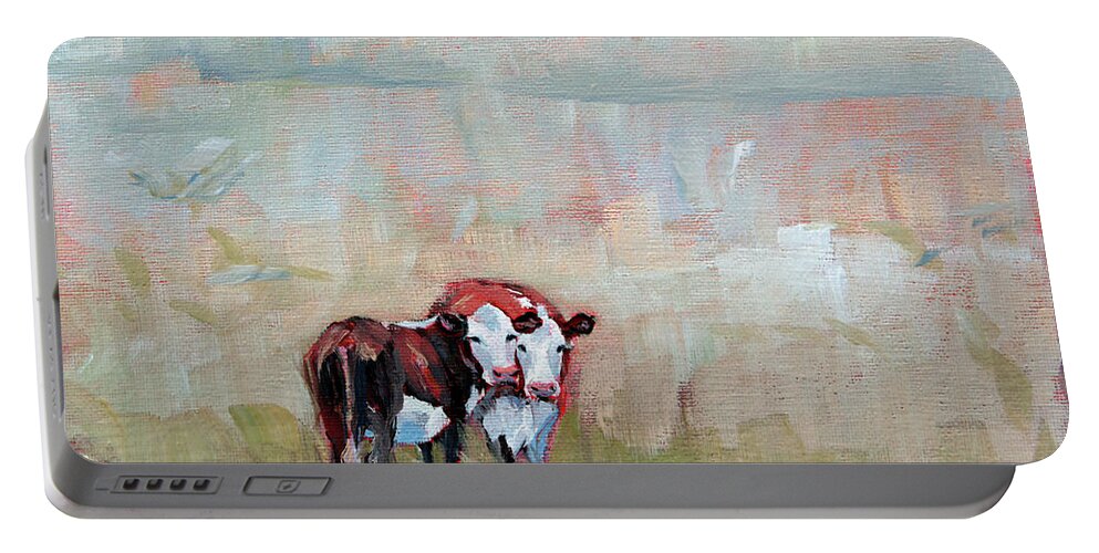Cows Portable Battery Charger featuring the painting Early Morning Cows by Trina Teele