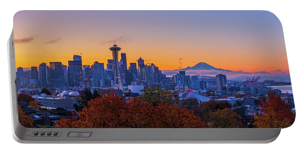 Outdoor; Sunrise; Space Needle; Elliot Bay; Port Seattle; Fall; Color; Maples; Mt Rainier; Downtown; Seattle; Washington Beauty; Pnw; Pacific North West Portable Battery Charger featuring the digital art Early Morning Seattle by Michael Lee