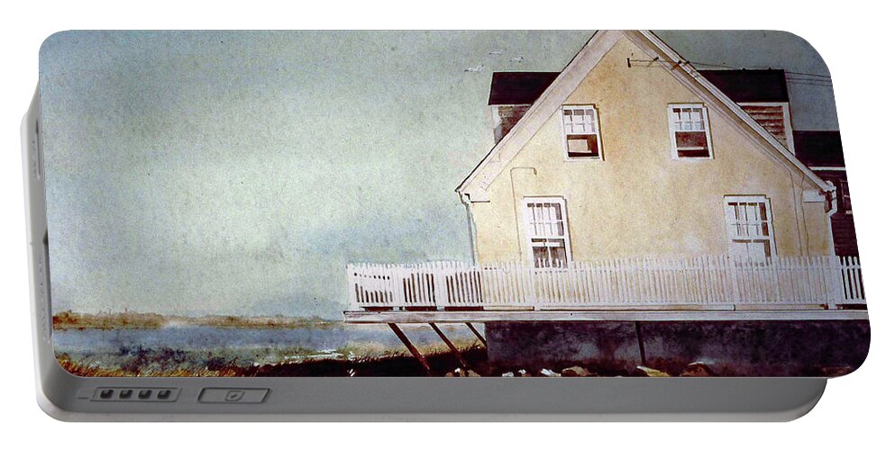 A Yellow Beach House Sets At The Edge Of A Salt Marsh East Of Newberry Port Portable Battery Charger featuring the painting East Of Newberry Port by Monte Toon