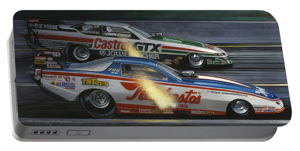 Nhra Drag Racing Funny Cars Nitro Portable Battery Charger featuring the painting East vs West by Kenny Youngblood