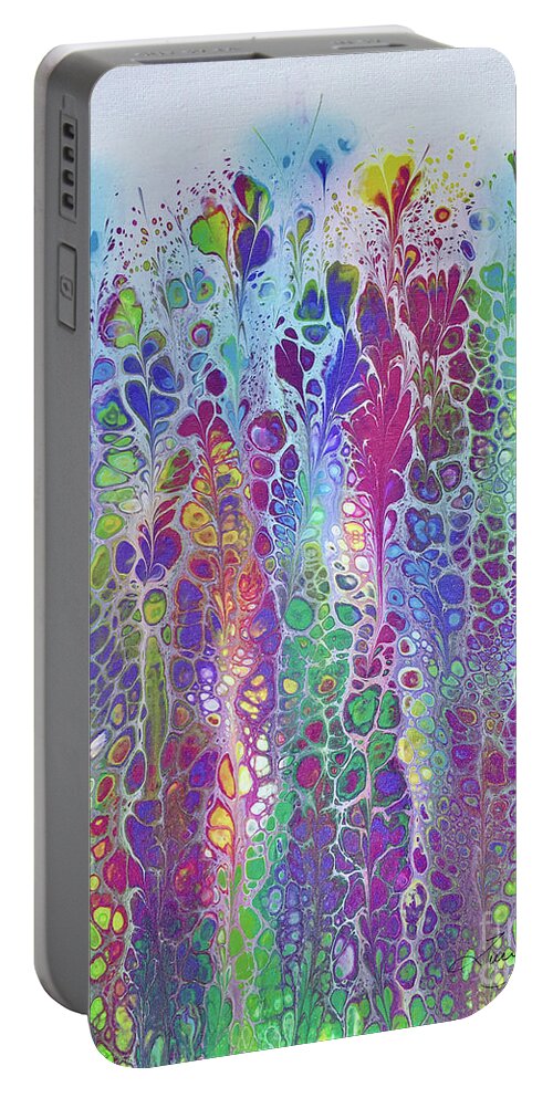 Poured Acrylics Portable Battery Charger featuring the painting Easter Garden by Lucy Arnold