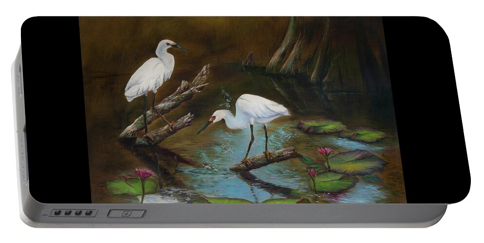 Egrets Portable Battery Charger featuring the painting Two Egrets--Missed Again by Lynne Pittard