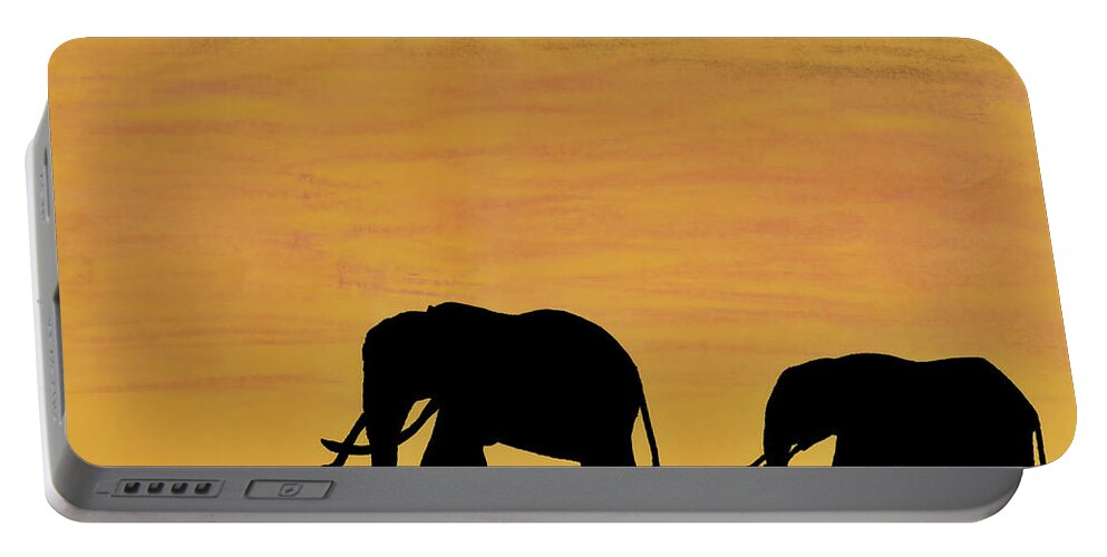 Elephants Portable Battery Charger featuring the drawing Elephants - At - Sunset by D Hackett