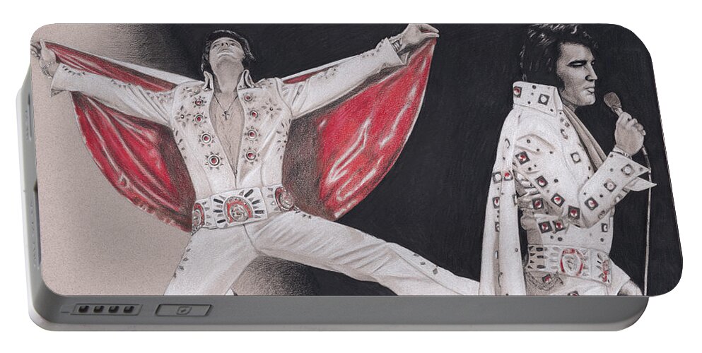 Elvis Portable Battery Charger featuring the drawing Elvis in Charcoal #188 by Rob De Vries