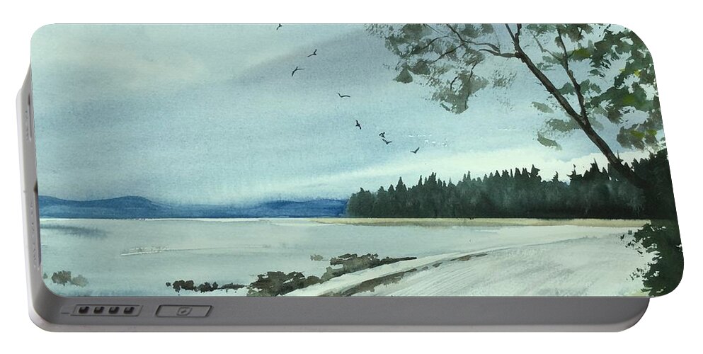 English Bay Portable Battery Charger featuring the painting English Bay Seawall by Watercolor Meditations