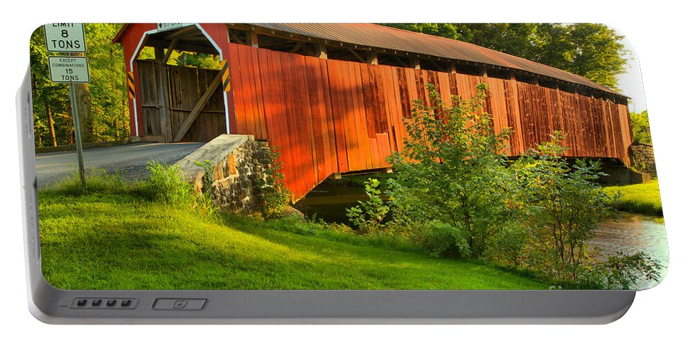 Enslow Portable Battery Charger featuring the photograph Enslow Covered Bridge Lush Landscape by Adam Jewell