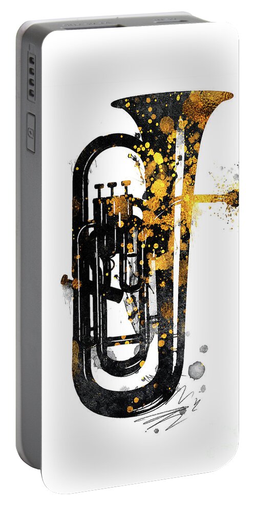 Music Portable Battery Charger featuring the digital art Euphonium music art gold and black by Justyna Jaszke JBJart