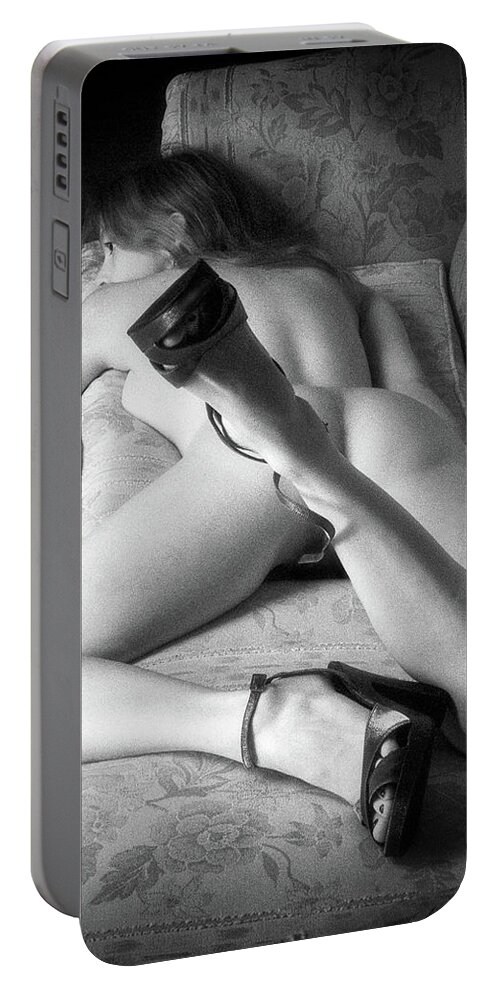 Nude Portable Battery Charger featuring the photograph Eve on stomach on couch by Lindsay Garrett